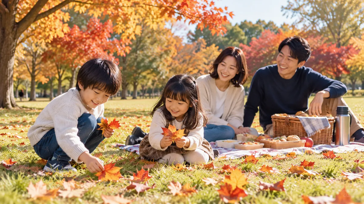 秋の公園の芝生で落ち葉を拾って遊ぶ親子