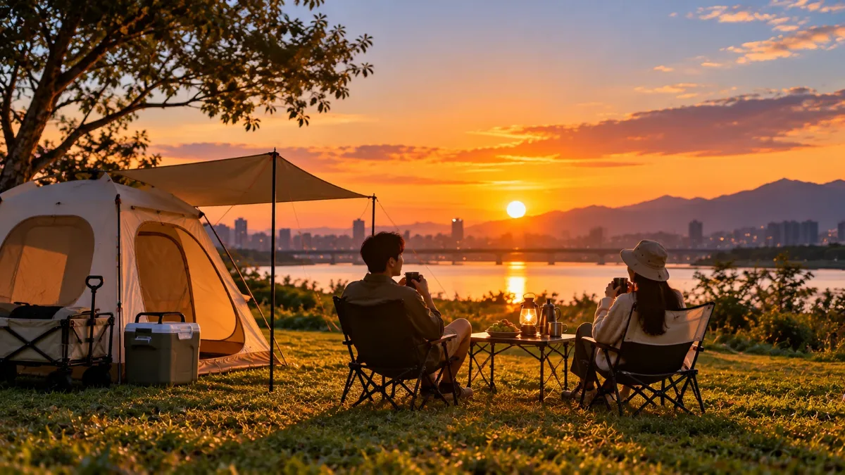 夕陽下的帳篷、折疊椅與戶外桌,一對情侶的剪影,悠閒的週末氛圍的露營裝備推薦結尾圖