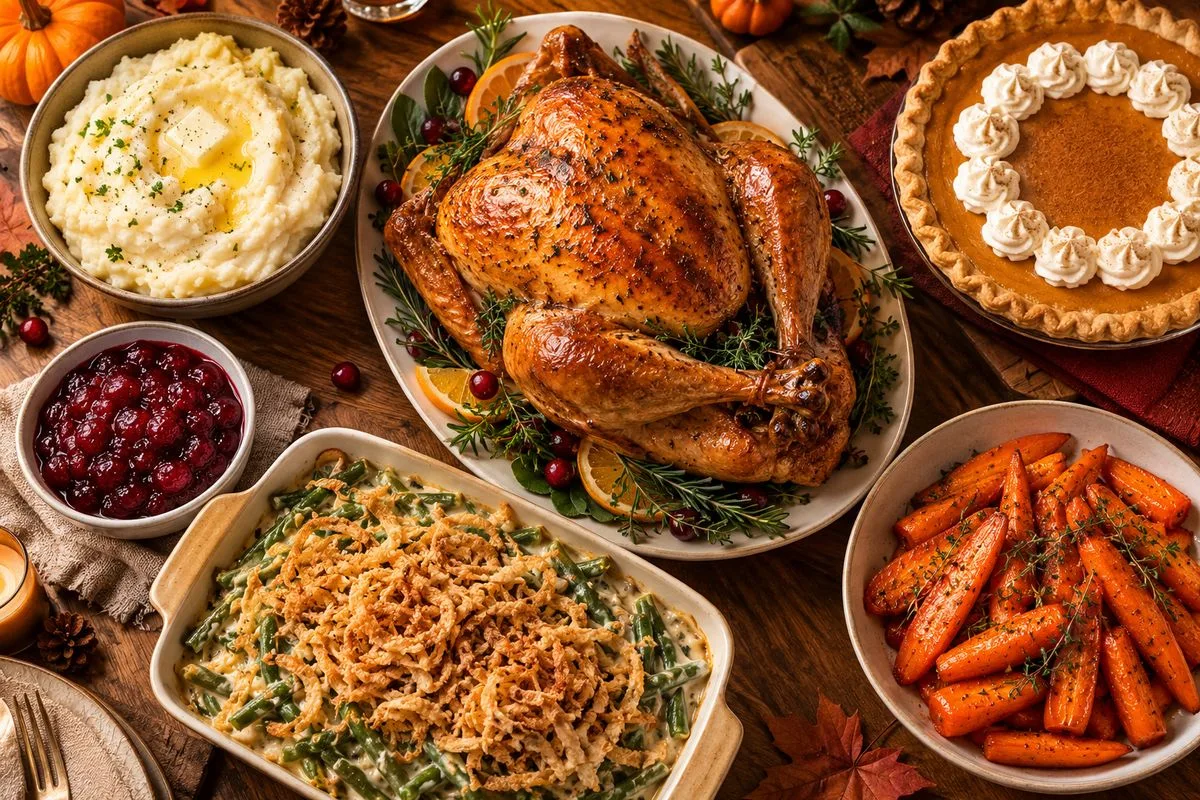 Six Thanksgiving dishes: roast turkey, mashed potatoes, cranberry sauce, green bean casserole, roasted carrots and pumpkin pie.