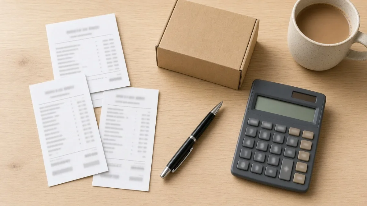 Receipts, a small shipping box and a calculator on a table for checking the total cost of an order