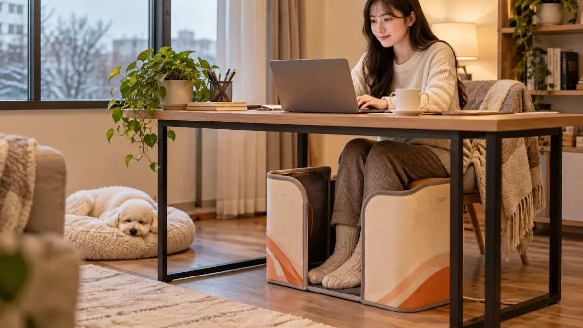 居家辦公桌前,女性用筆電工作,桌下摺疊圍板取暖器圍住雙腳的個人暖器情境圖