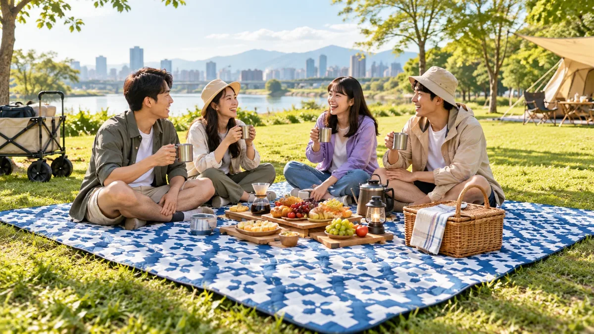 大尺寸防水野餐墊鋪在草地上,擺著食物、飲料與野餐籃,朋友圍坐聊天的野餐墊推薦情境圖