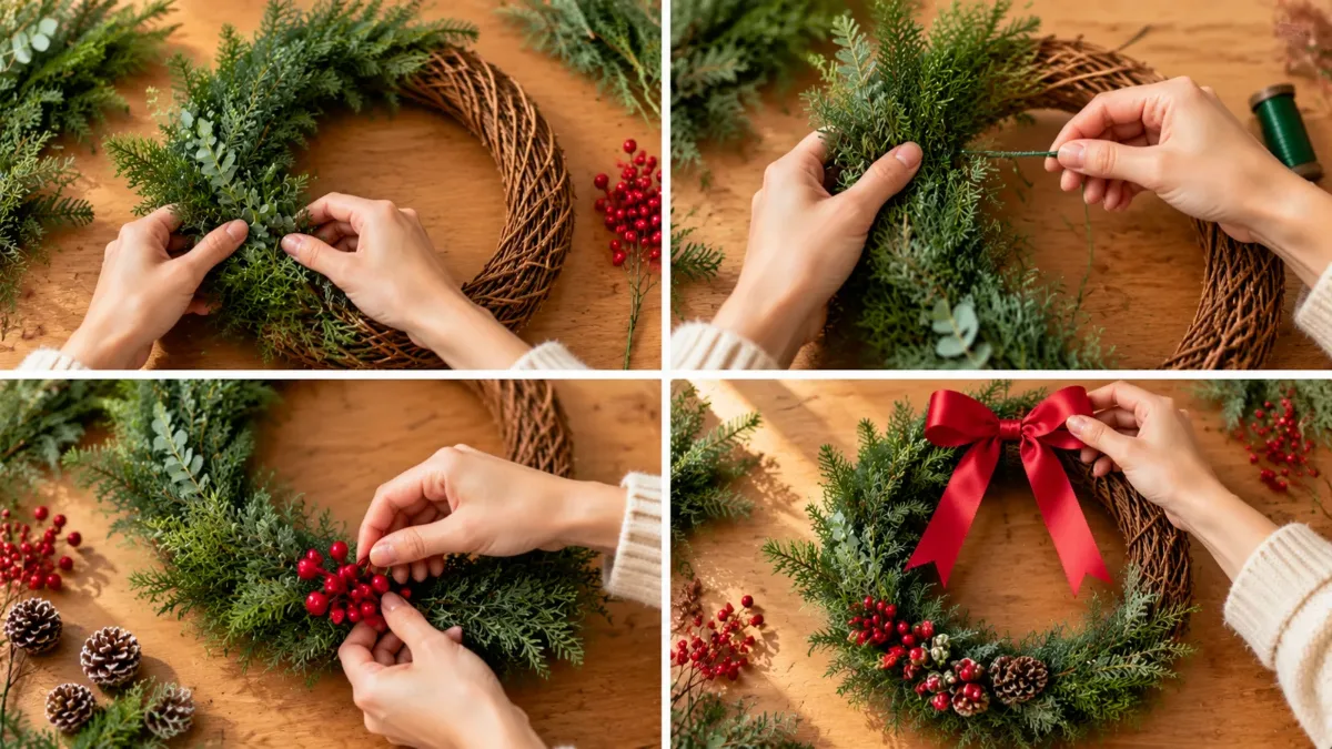 ナチュラルグリーンのクリスマスリースの作り方4ステップ。柳の土台にグリーンをワイヤーで巻き、ベリーとリボンを付けるDIY初心者向けの手順