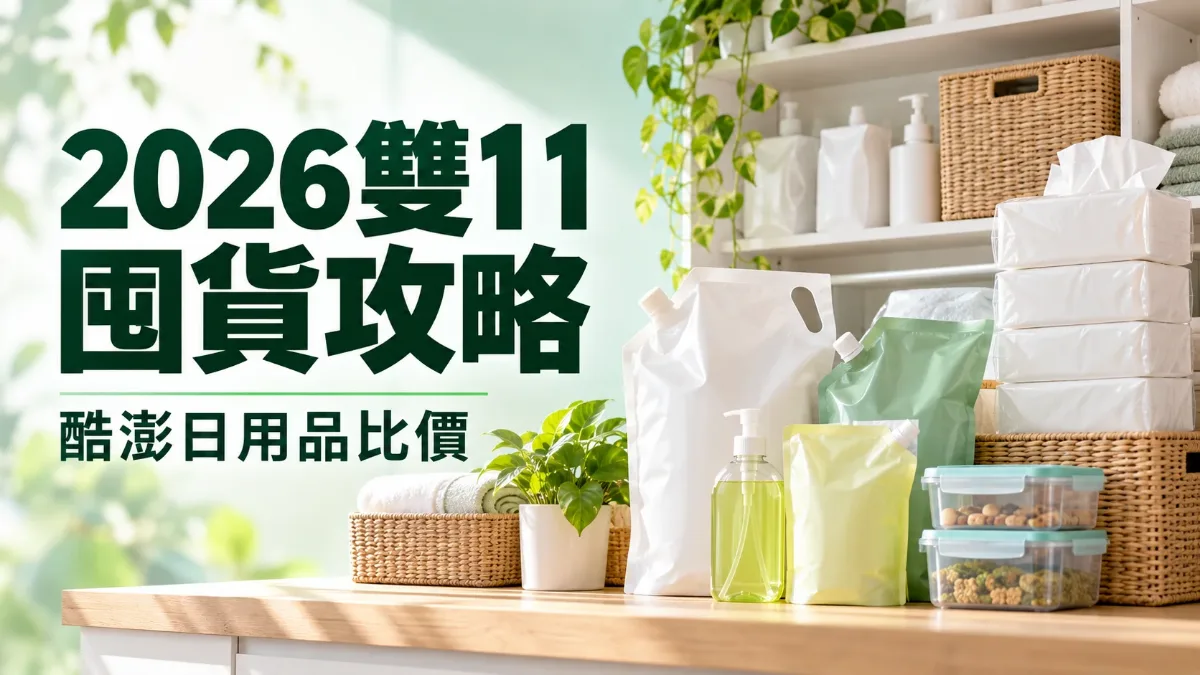 綠白色系居家囤貨場景，整齊堆放的洗衣精補充包、衛生紙與廚房清潔用品，標題「2026雙11囤貨攻略」、副標「酷澎日用品比價」的封面圖