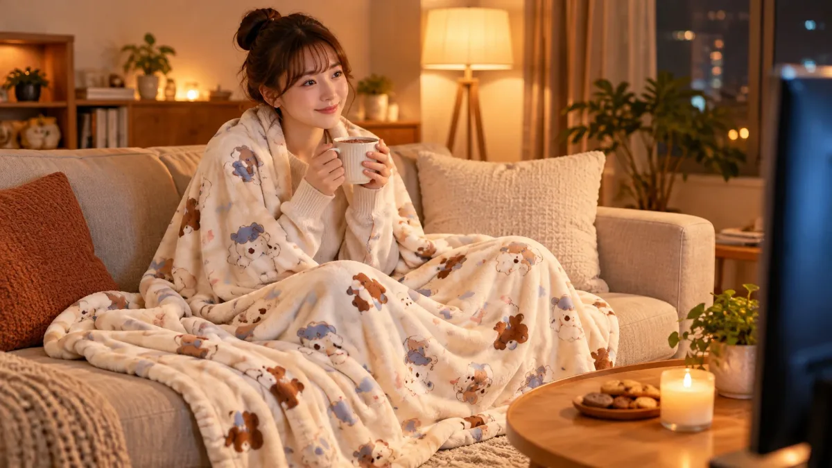 冬夜客廳,女性坐在沙發上披著奶油白法蘭絨毯、手捧熱飲追劇的保暖毯情境圖