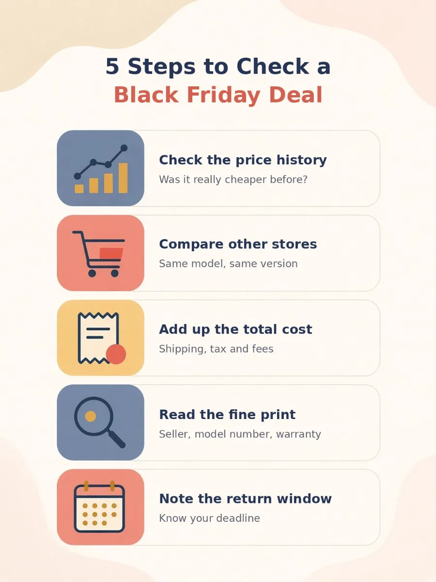 Five steps to check a Black Friday deal: check the price history, compare stores, add up the total cost, read the fine print, note the return window