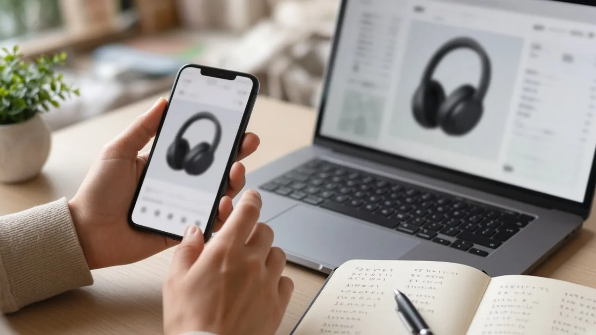 Comparing the same pair of headphones on a phone and a laptop before buying