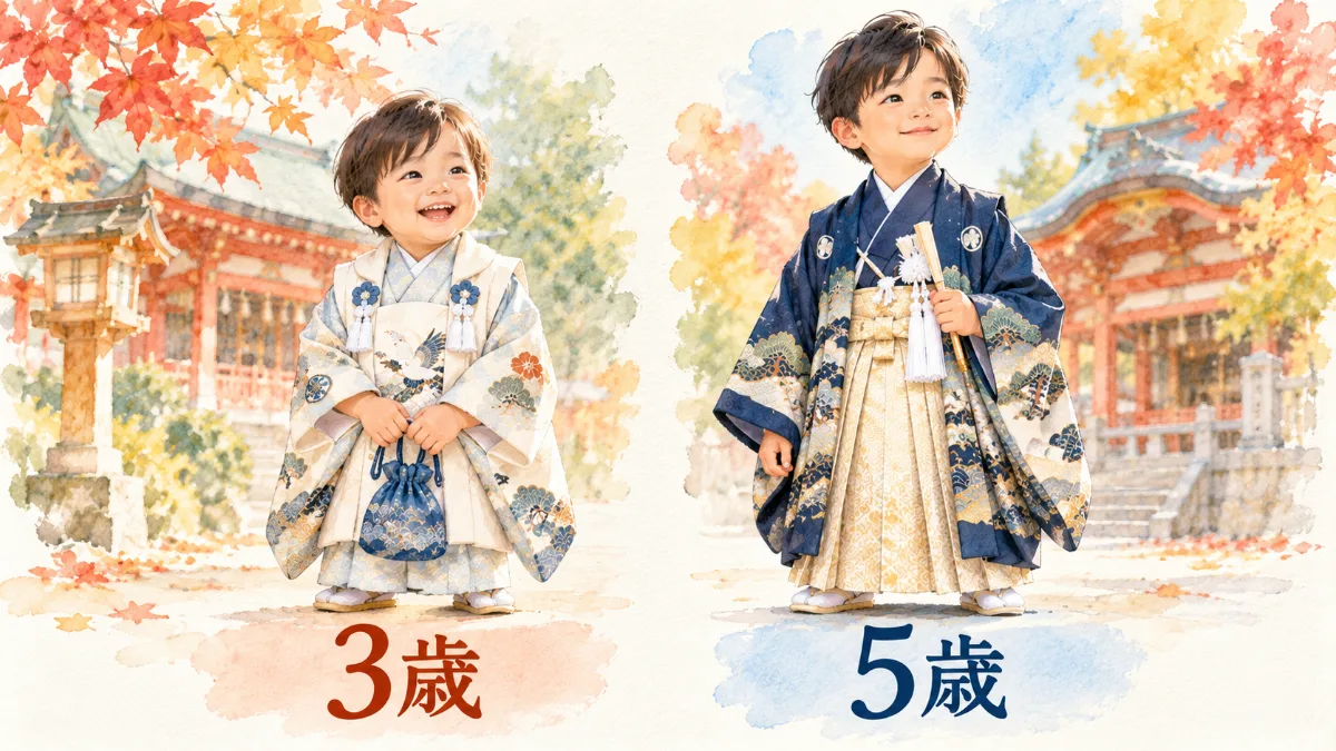 3歳と5歳の男の子の成長を並べたイメージ