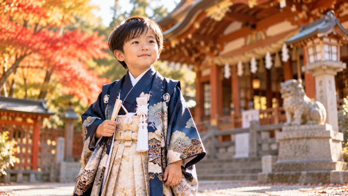 羽織袴を着て神社の境内に立つ5歳の男の子