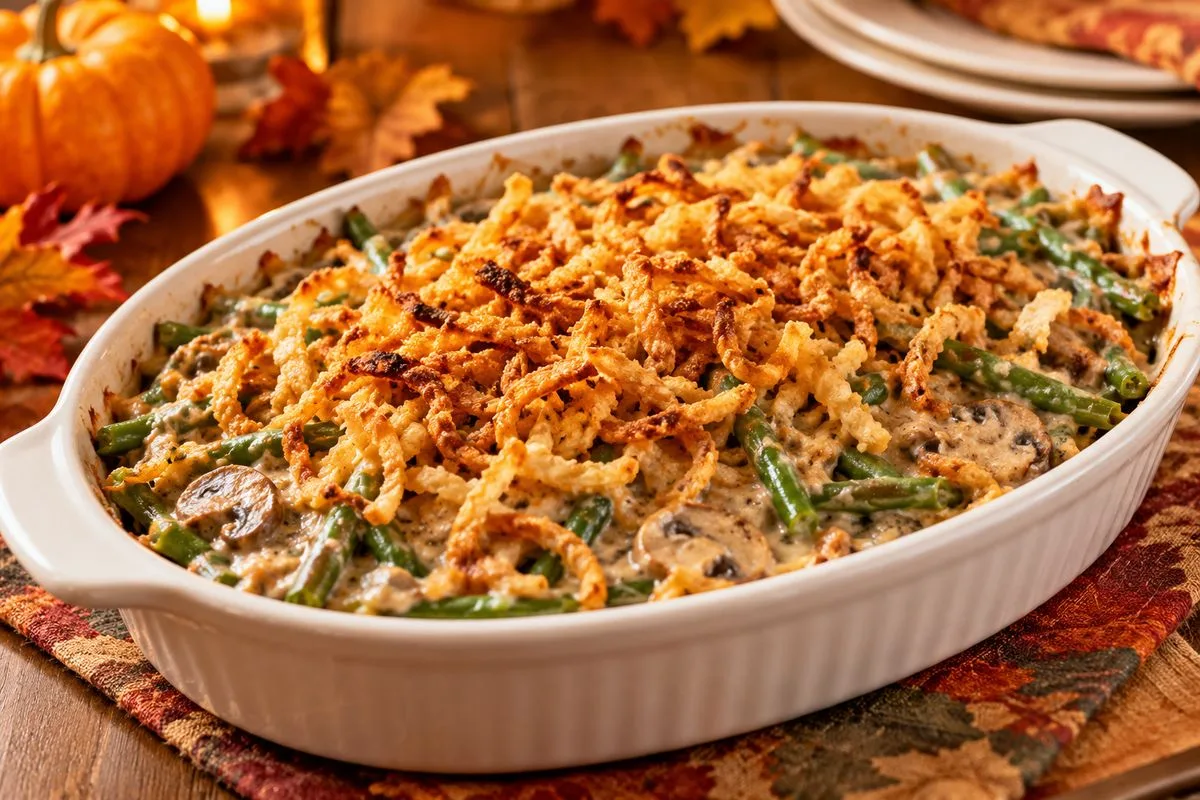 Green bean casserole with creamy mushroom sauce and crispy fried onions for Thanksgiving.