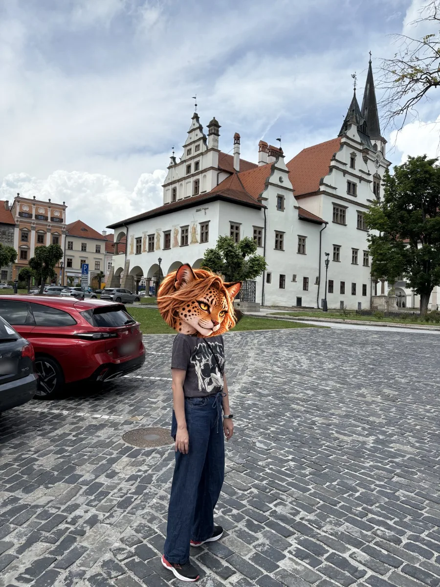 萊沃恰(Levoča)的文藝復興式市政廳,白色外牆搭配拱廊,後方是聖雅各教堂的尖塔。