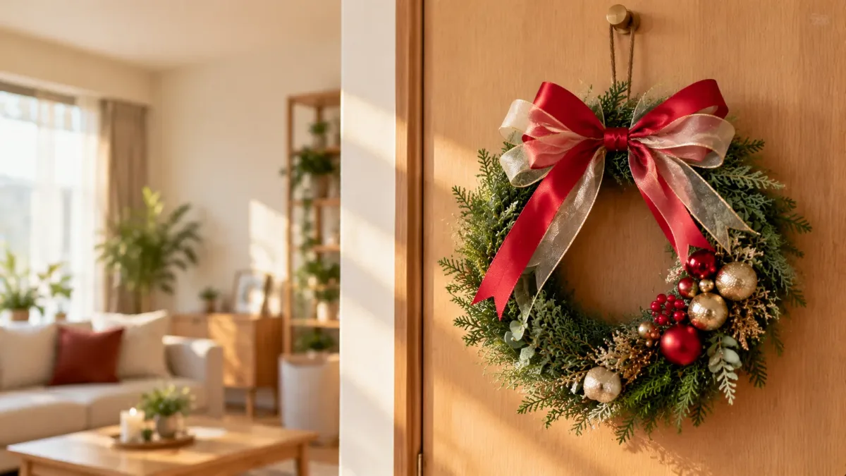 赤いリボンとゴールドのクリスマスボールを添えたミニクリスマスリース。100均のリースにリボンを足すだけの簡単な作り方