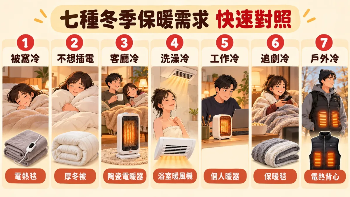 七種冬季保暖需求快速對照圖:被窩冷配電熱毯、不想插電配厚冬被、客廳冷配陶瓷電暖器、洗澡冷配浴室暖風機、工作冷配個人暖器、追劇冷配保暖毯、戶外冷配電熱背心