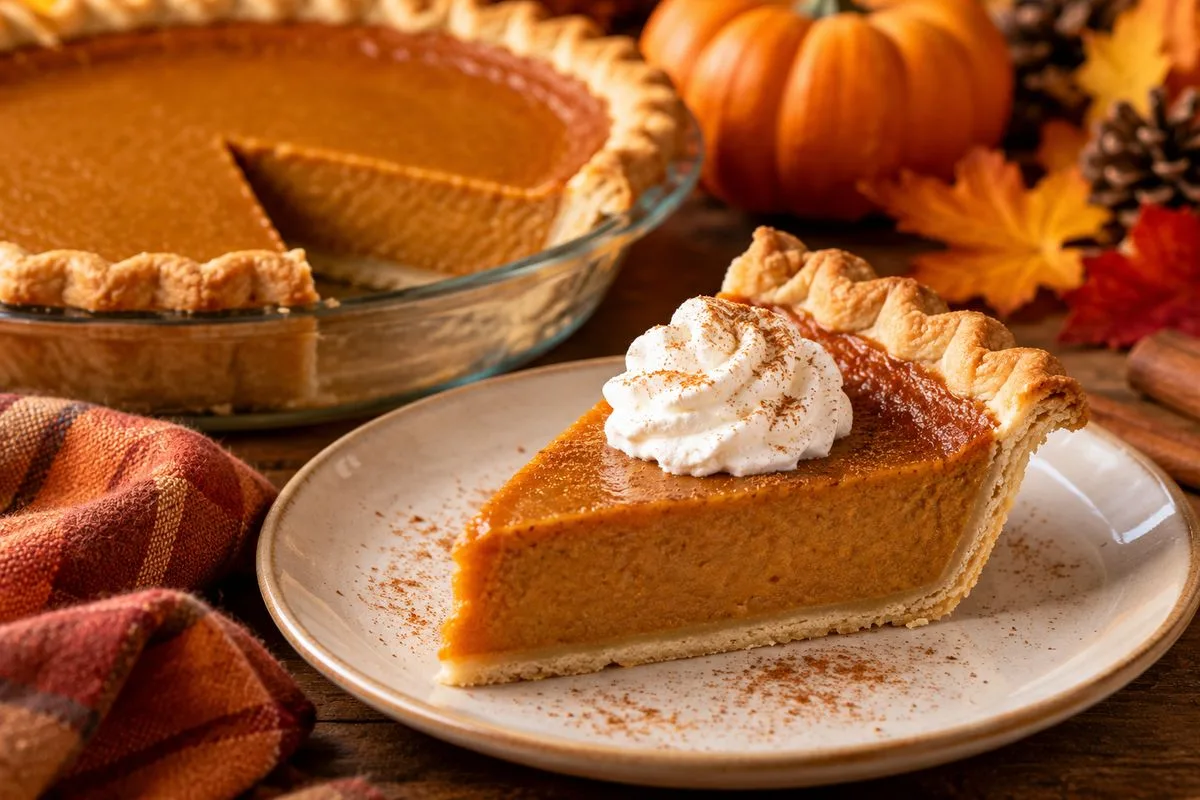 Classic pumpkin pie with whipped cream, a traditional Thanksgiving dessert.