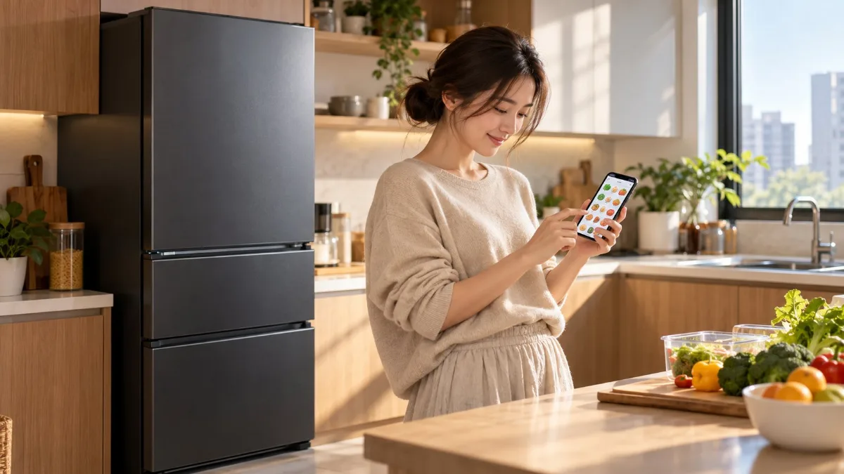 台灣年輕媽媽在廚房冰箱旁用手機查看冰箱 App 的智慧家電情境圖
