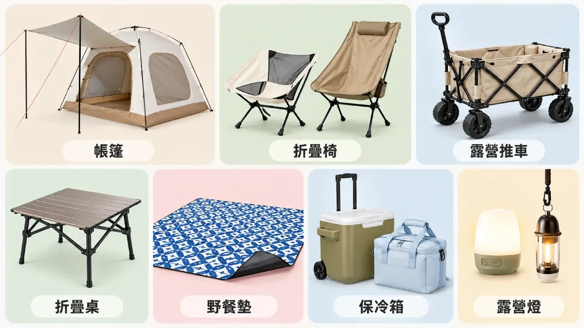 帳篷、折疊椅、露營推車、折疊桌、野餐墊、保冷箱、露營燈七個品項的露營裝備推薦總覽資訊圖