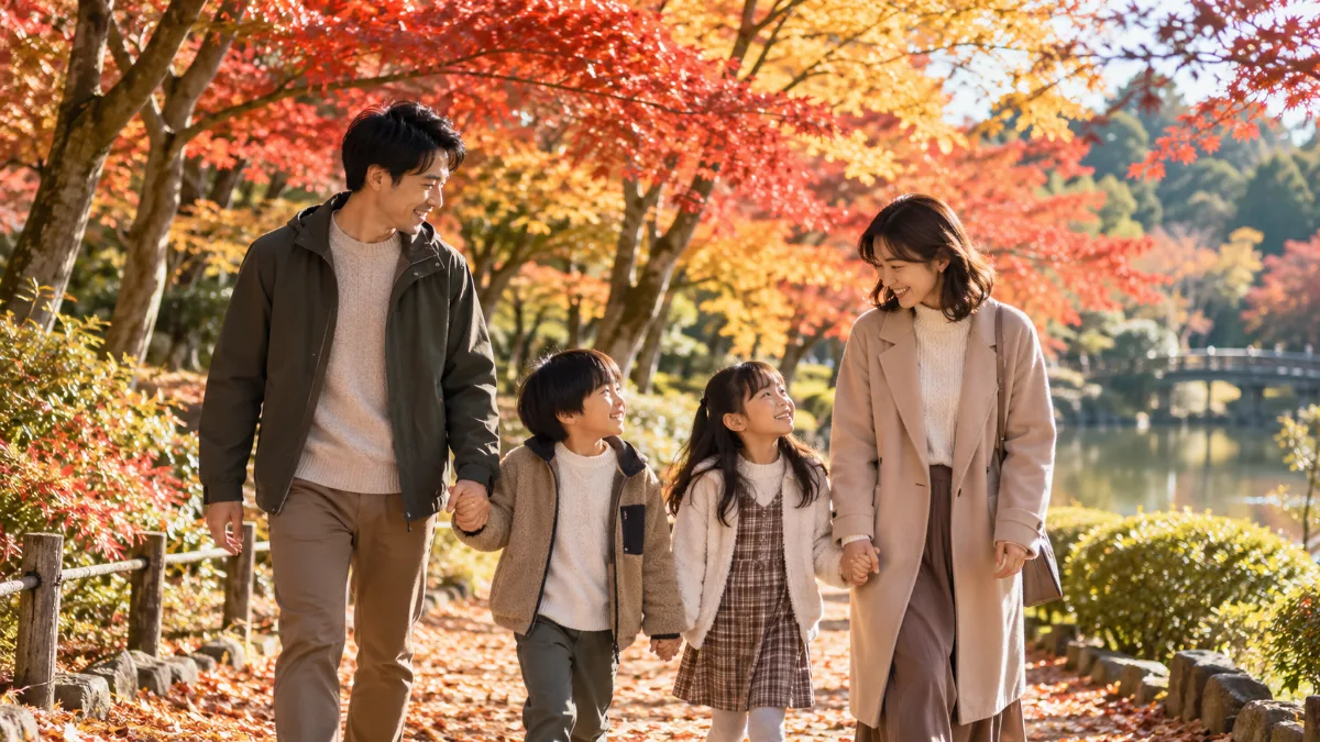秋の公園で紅葉を眺めながら散歩する家族
