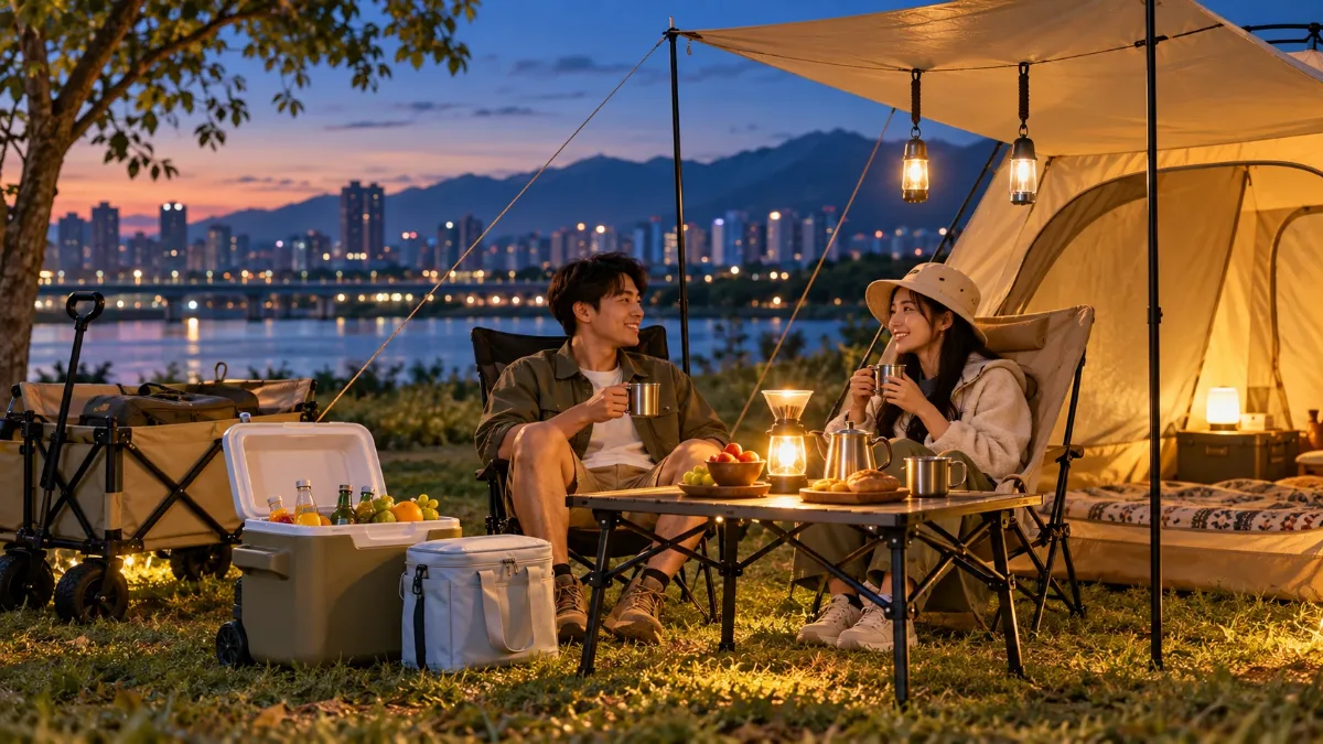黃昏的營地,帳篷內外亮著暖色 LED 露營燈,一對情侶在桌邊聊天的露營燈推薦情境圖