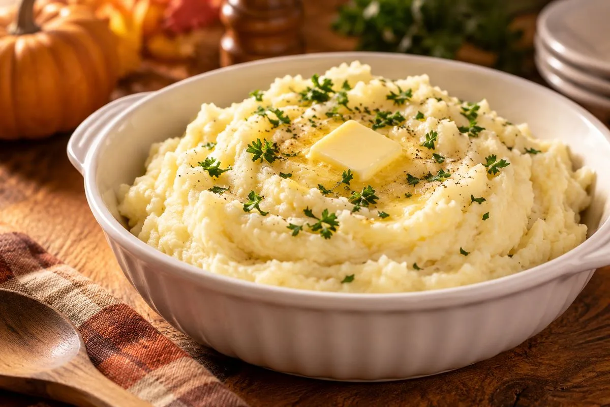 Creamy homemade mashed potatoes with butter and parsley, a classic Thanksgiving side dish.