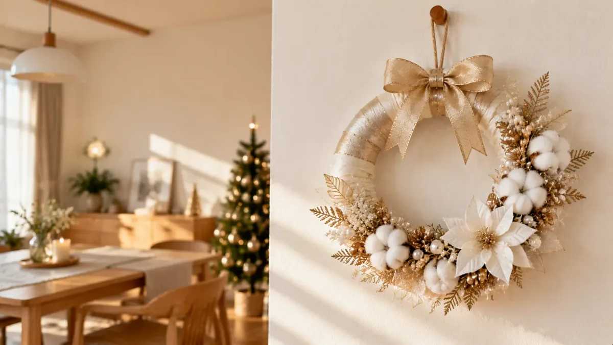 白い花とゴールドの葉、パールを飾った大人っぽいクリスマスリース。白い壁に映えるゴールド&ホワイトのおしゃれな手作りリース
