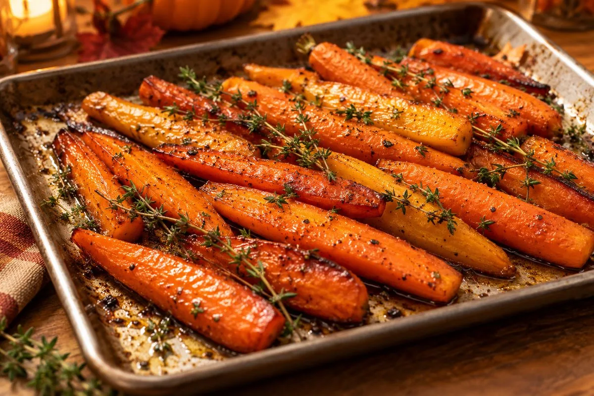 Honey roasted carrots with thyme, an easy Thanksgiving vegetable side dish.