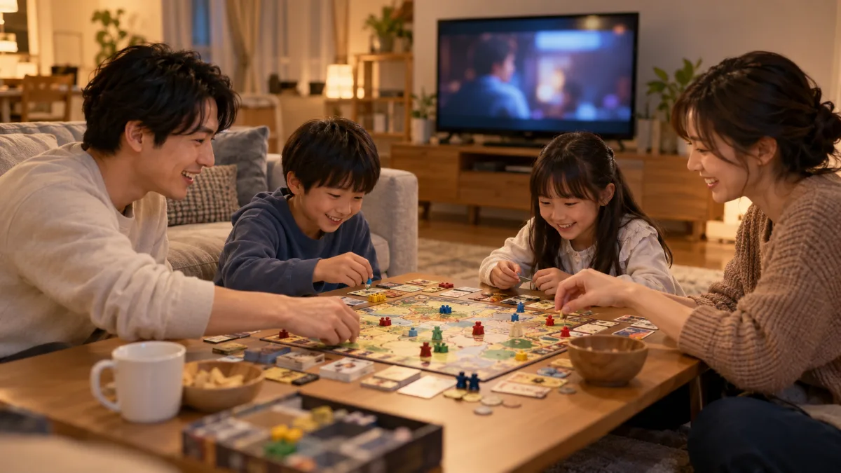 リビングで家族が映画やボードゲームを楽しんでいる様子