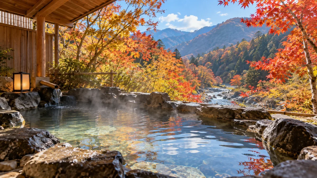 紅葉した木々に囲まれた日本の露天風呂