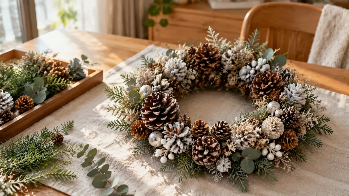 松ぼっくりとユーカリの葉をたっぷり使った手作りクリスマスリース。100均材料で作るボリュームのある本格的なナチュラルリース
