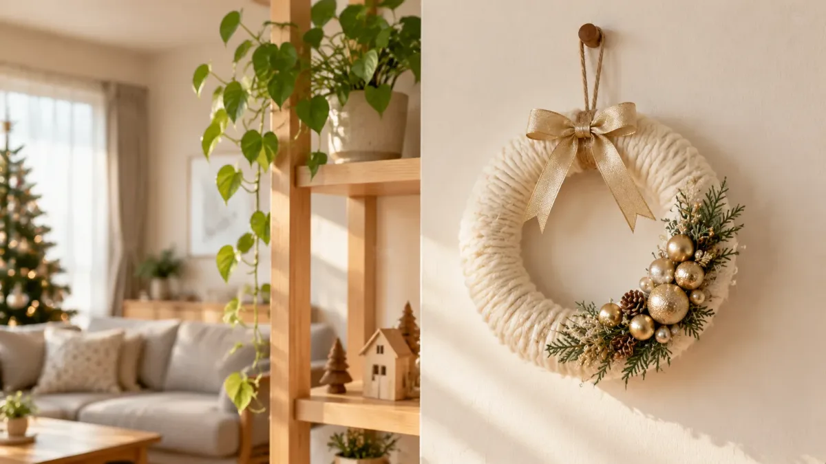 オフホワイトの毛糸を巻いて作ったふわふわのクリスマスリース。麻ひもとリボン飾りを付けた、グルーガンなしでできる簡単な手作りリース