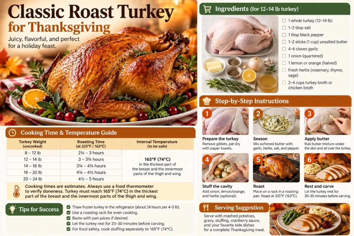 Classic roast turkey recipe with ingredients, preparation steps, estimated roasting times, and a 165°F food safety temperature guide.