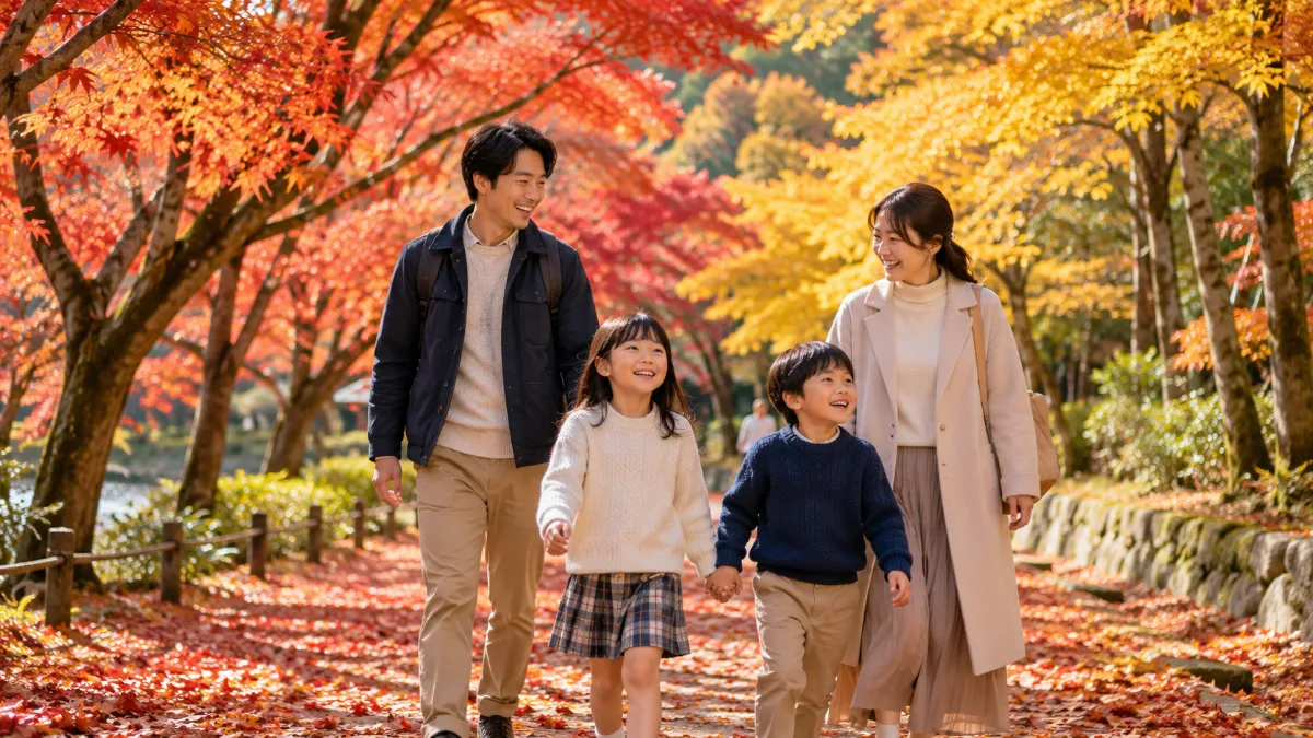 赤や黄色に色づいた木々の下、落ち葉の道を散策する家族