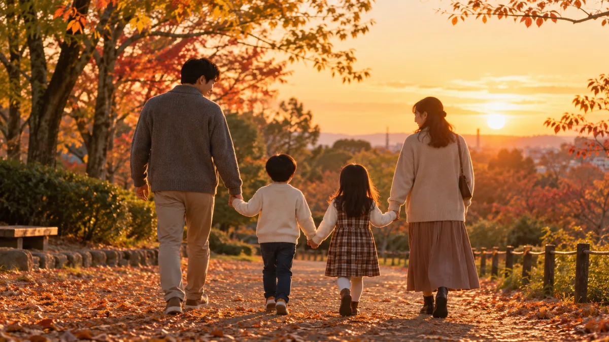 秋の夕暮れの公園を並んで歩く家族の後ろ姿