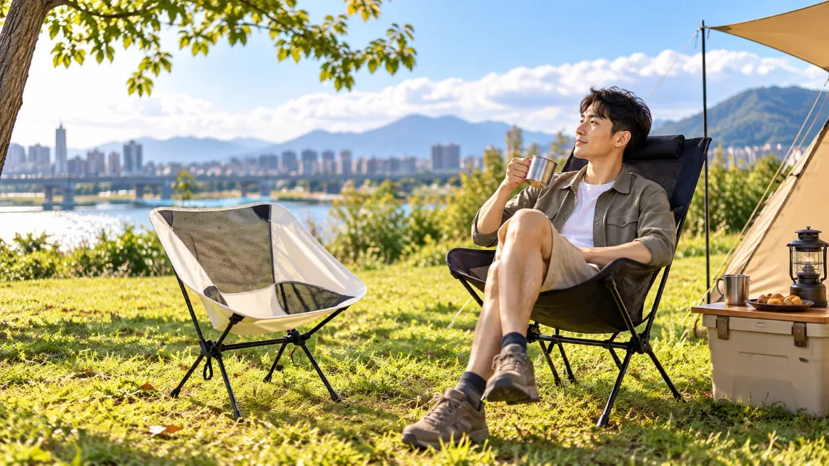 草地上並排的月亮椅與高背露營椅,有人坐在高背椅上喝咖啡的露營椅推薦情境圖