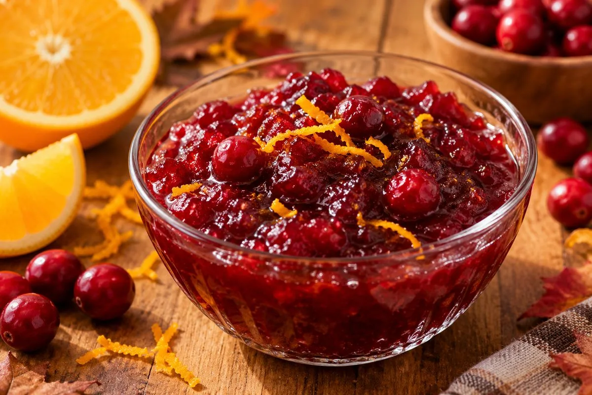 Homemade cranberry orange sauce in a serving bowl for Thanksgiving dinner.