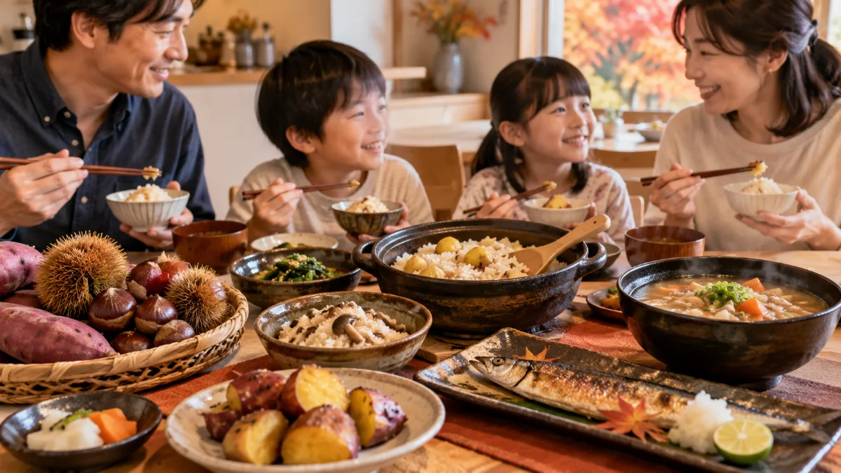 さつまいも、きのこ、栗、新米を使った秋の家庭料理が並ぶ食卓