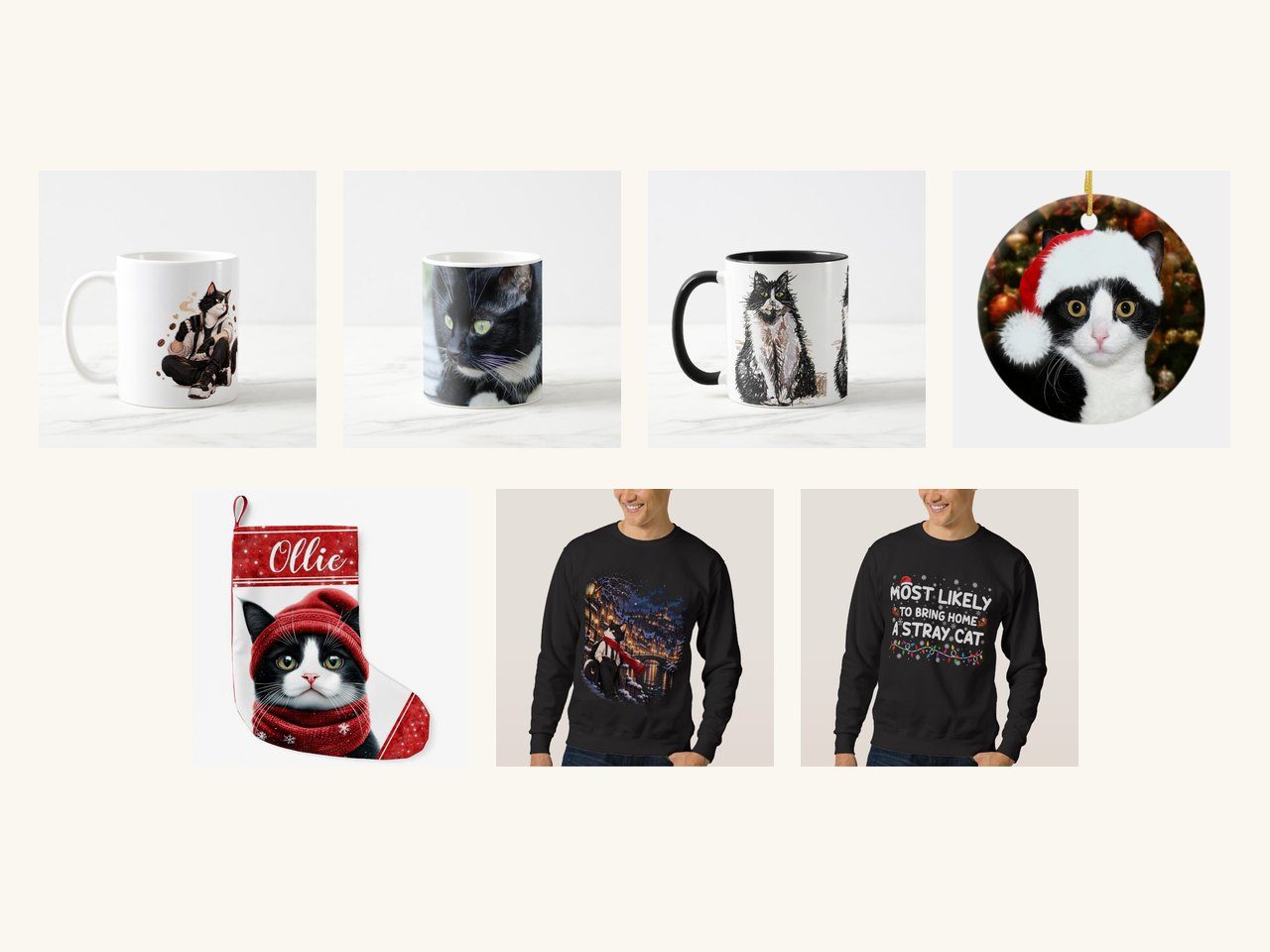 Grid of real Zazzle product photos: tuxedo cat mugs, a tuxedo cat ornament, a cat Christmas stocking and two sweatshirts.