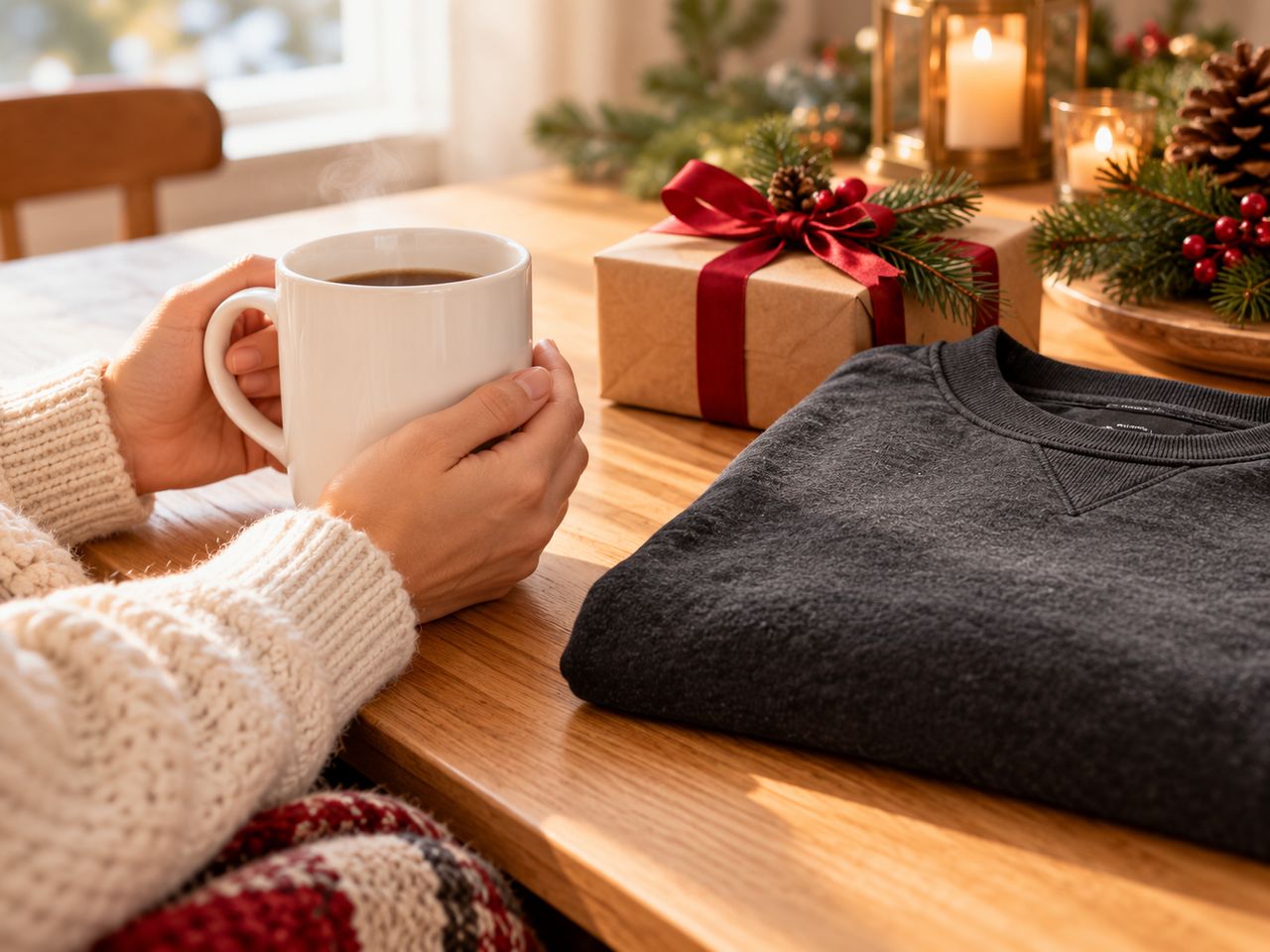 Illustration of hands in a cream knit sweater holding a steaming white mug of coffee beside a folded charcoal sweatshirt, a kraft gift box tied with red ribbon and pine, brass lanterns with candles, pinecones and red berries.