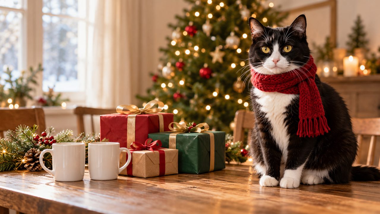 Illustration of a tuxedo cat in a red knit scarf sitting on a wooden table beside two plain white mugs and red, green and kraft-wrapped gifts with ribbons, with a pine garland of berries and pinecones and a lit Christmas tree behind.