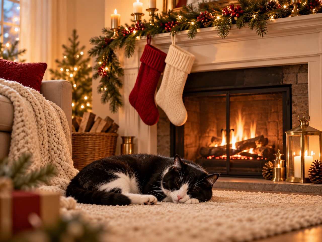 Illustration of a fireplace with a lit fire and a mantel decorated with pine garland, red berries and candles, a red and a cream knitted stocking hanging below, and a black and white cat asleep on a cream rug in front.