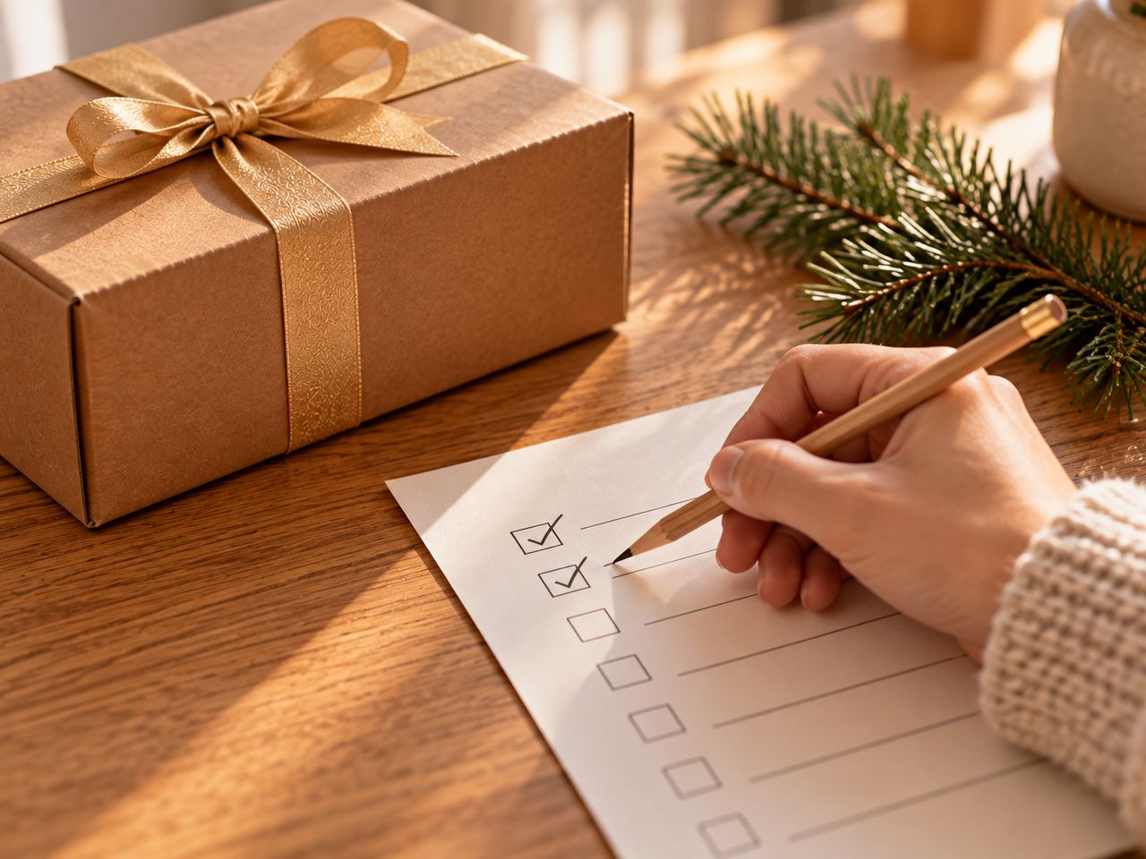 Illustration of a hand in a cream knit sleeve ticking boxes on a paper checklist with a pencil, beside a kraft gift box tied with a gold ribbon and a pine branch on a wooden table.
