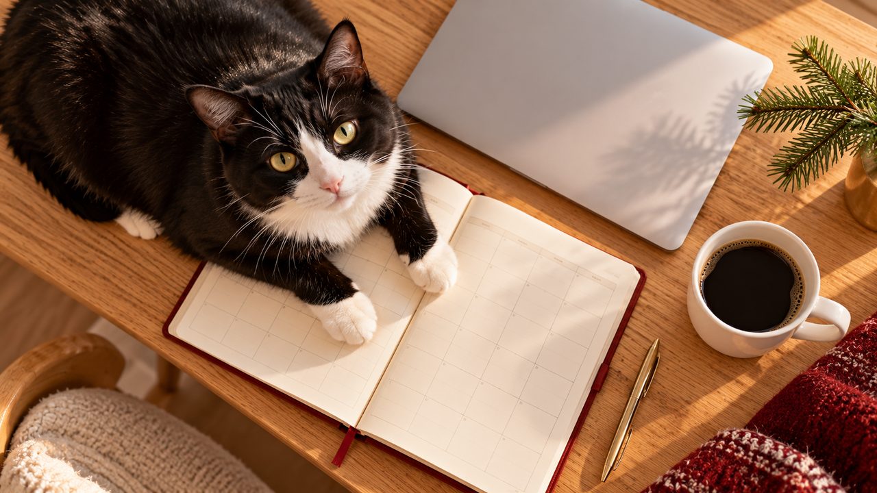 Overhead illustration of a tuxedo cat lying with its paws on an open blank planner on a wooden desk, next to a closed laptop, a cup of black coffee, a gold pen, a pine sprig and a red knit throw.