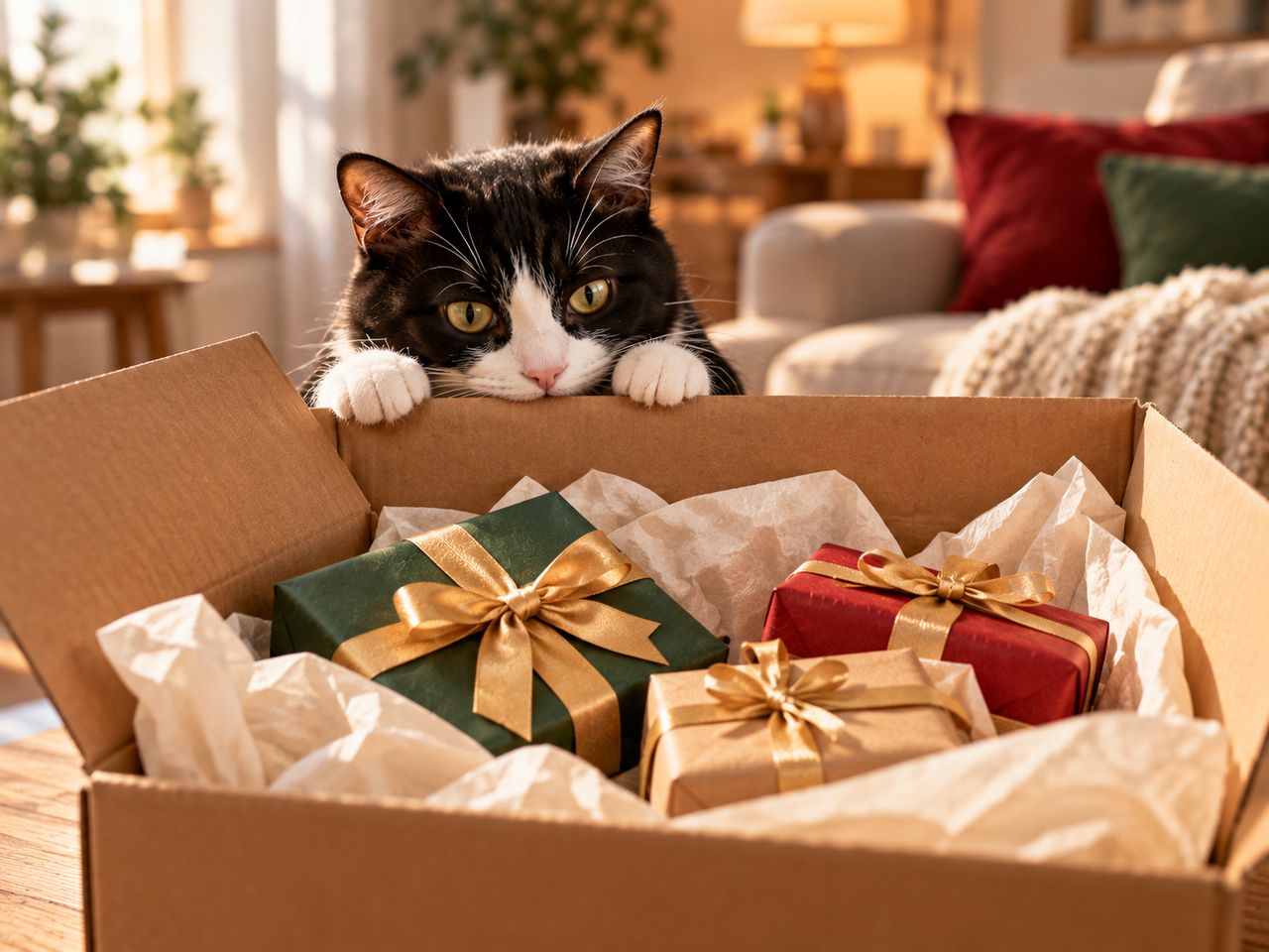 Illustration of a tuxedo cat peeking over the edge of an open cardboard box filled with tissue paper and green, red and kraft gifts tied with gold ribbons, in a living room with a sofa and red and green cushions behind.
