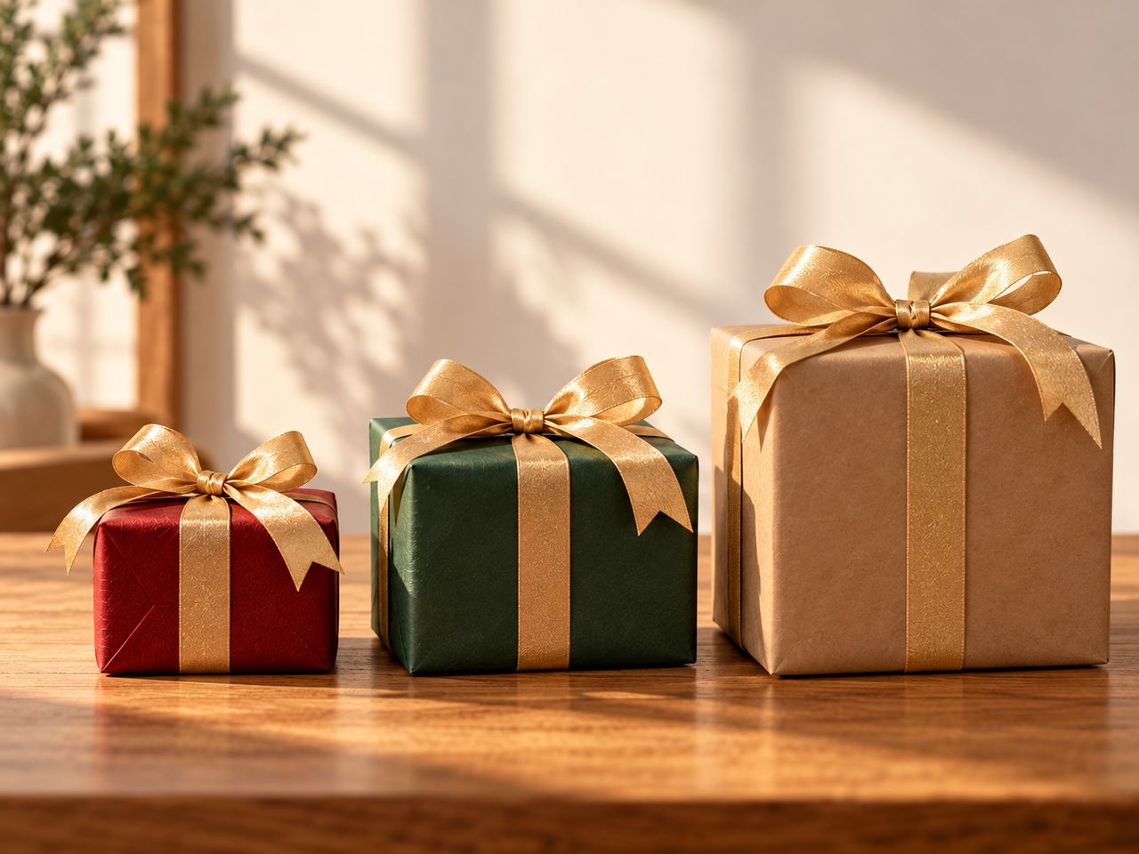 Illustration of three wrapped gifts in red, green and kraft paper, each tied with a gold ribbon bow, lined up from small to large on a wooden table in warm sunlight.