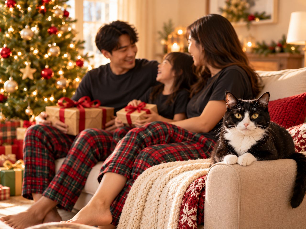 Illustration of a smiling family of three, a man, a girl and a woman, in black T-shirts and red-and-green plaid pajama pants on a cream sofa holding kraft-wrapped gifts with red ribbons, beside a Christmas tree, with a tuxedo cat on the armrest in the foreground.