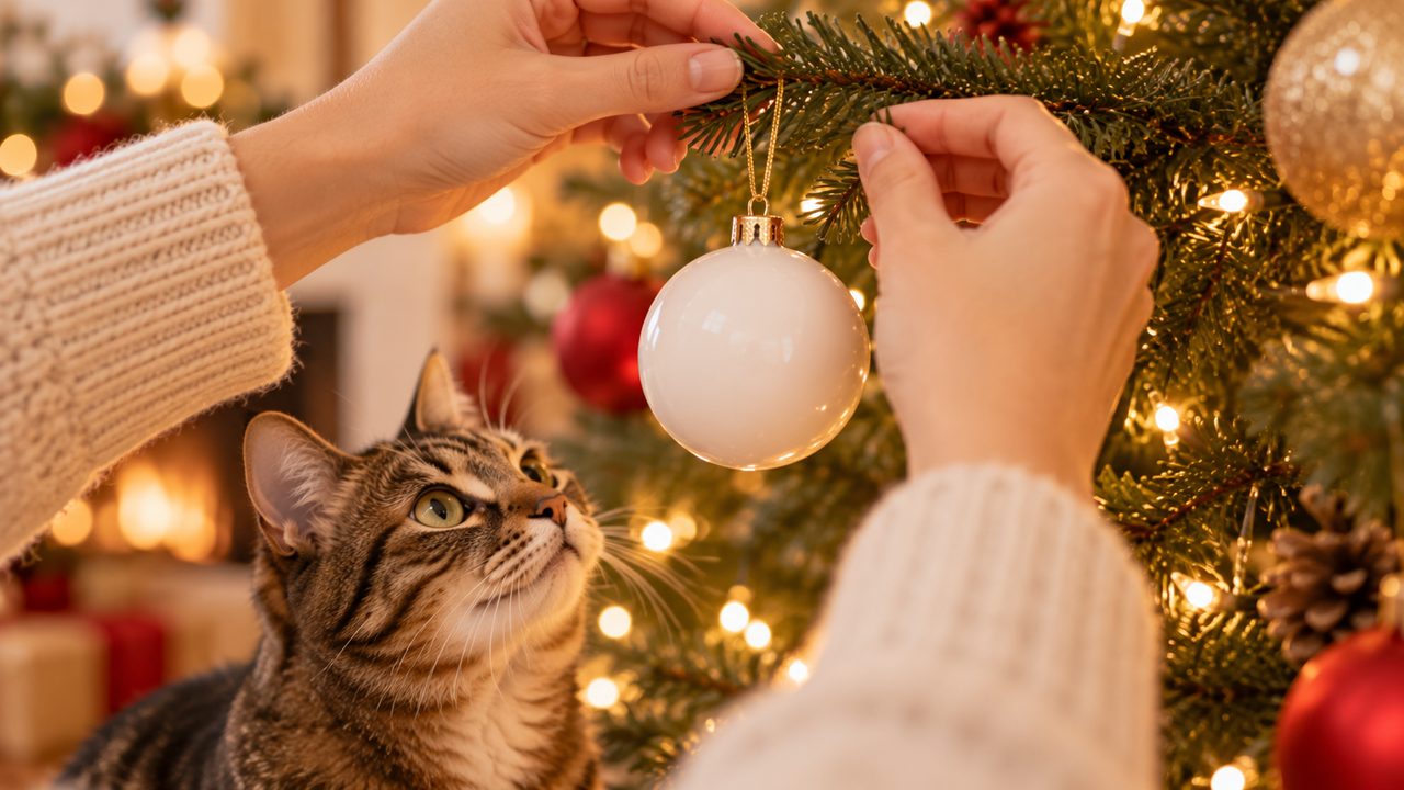 Illustration of two hands in a cream sweater hanging a glossy white ornament on a lit pine tree with red and gold ornaments, while a brown tabby cat looks up at it from the lower left.
