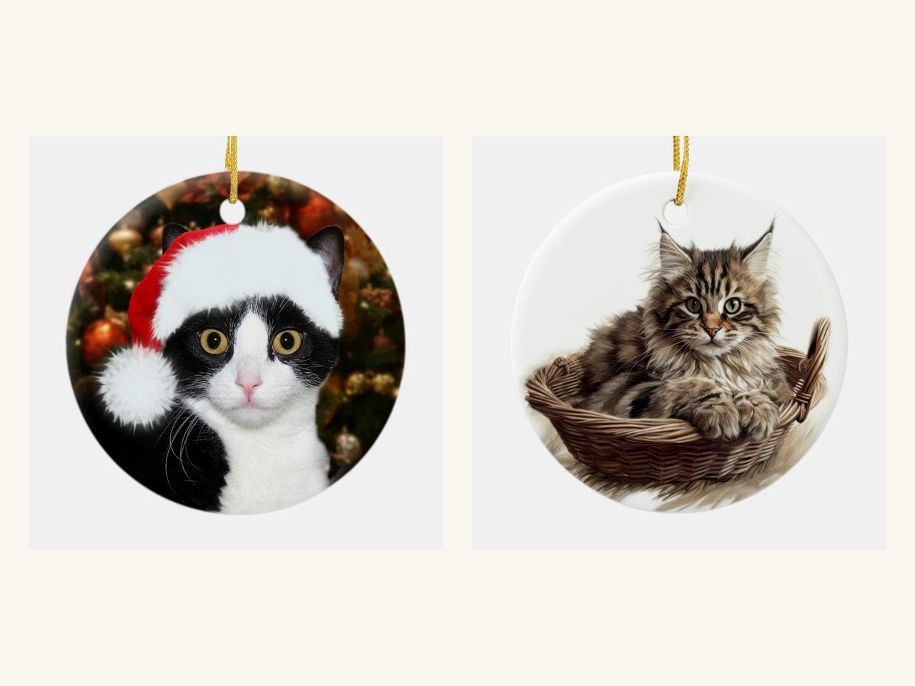 Side-by-side Zazzle product photos of a round tuxedo cat ornament in a Santa hat and a round ornament of a brown tabby Maine Coon resting in a basket.