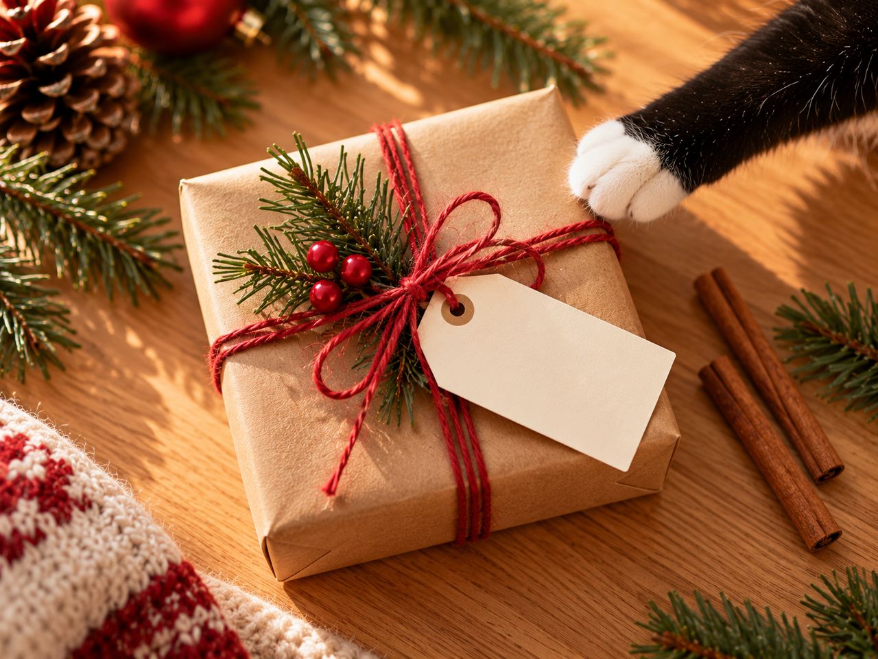 Illustration of a kraft-wrapped gift tied with red twine, a pine sprig, red berries and a blank tag, with a tuxedo cat’s paw reaching in from the top right, cinnamon sticks, a pinecone, a red ornament and red-and-white knit fabric around it.