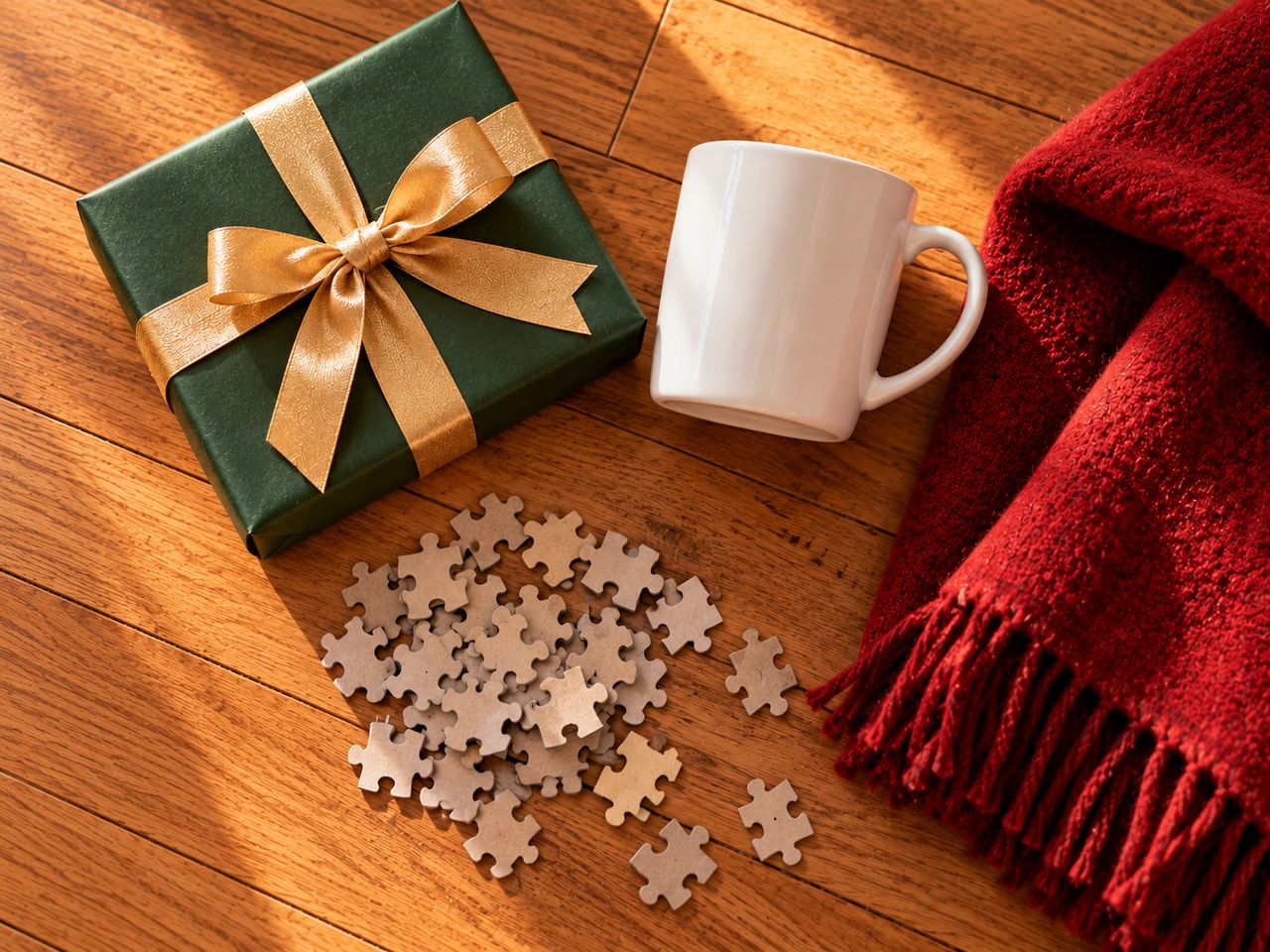 Top-down illustration of a green gift box tied with a gold satin bow, a plain white mug, a red wool throw with fringe and a pile of blank puzzle pieces on a wooden floor.