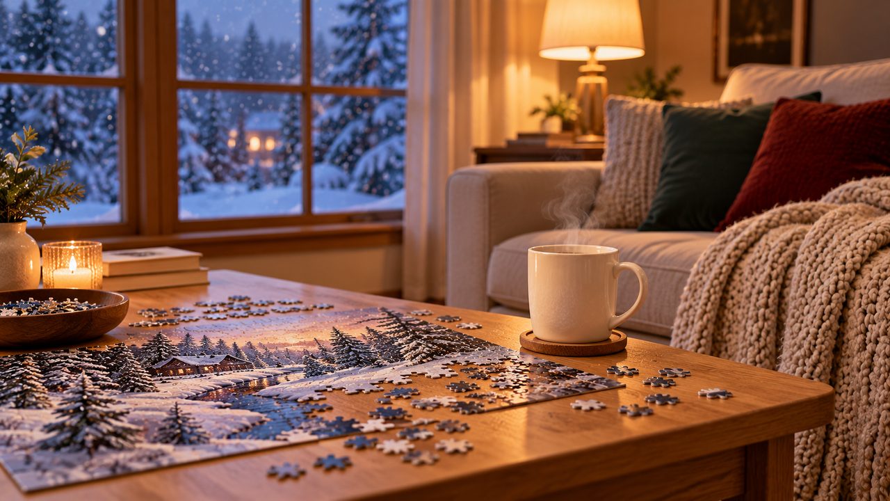 Illustration of a half-finished jigsaw puzzle of a snowy forest and cabin on a wooden coffee table beside a steaming white mug, a bowl of loose pieces, a small pine sprig in a vase and a lit candle, with a knit throw on the sofa and snow-covered trees outside the window.
