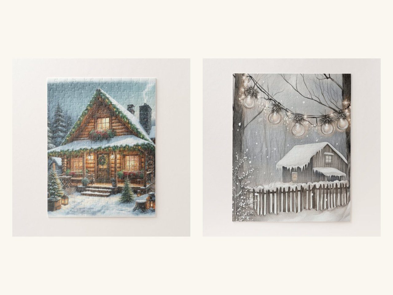 Side-by-side Zazzle product photos of two jigsaw puzzles: a log cabin in deep snow among pine trees, and a small snowy cottage behind a fence with string lights.